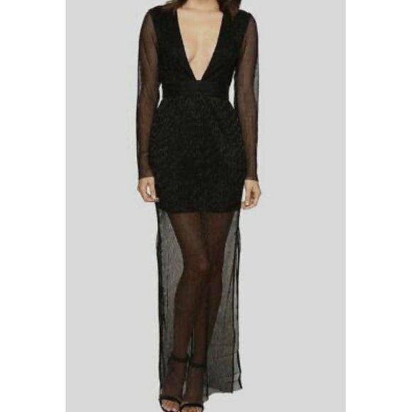 Keepsake The Label Step Down Maxi Dress V Plunge Sheer Long Sleeve Black XS